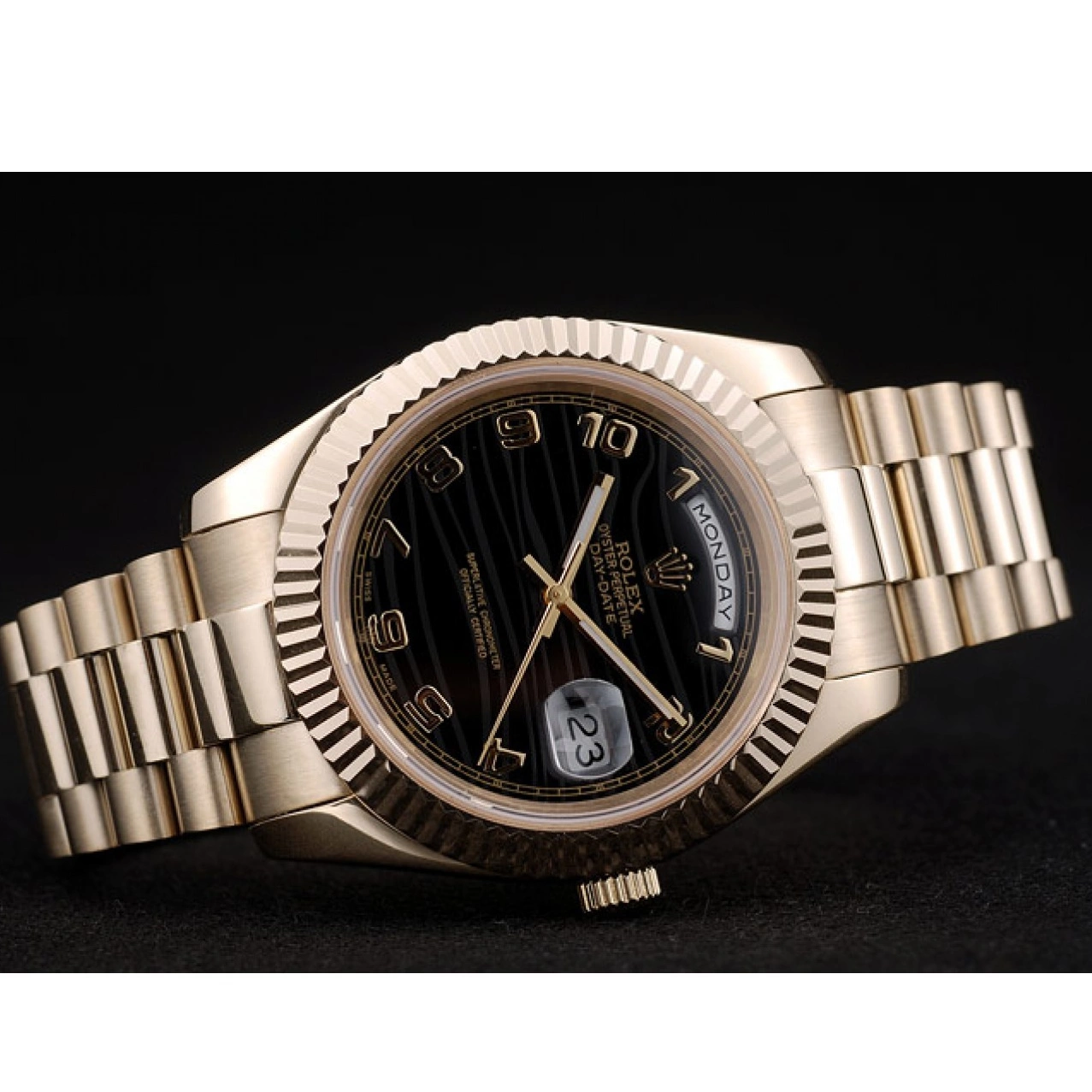 Aaa replica watch Stainless Black Steel DayDate Dial Strap Rolex 41980 Gold Patterned 0722